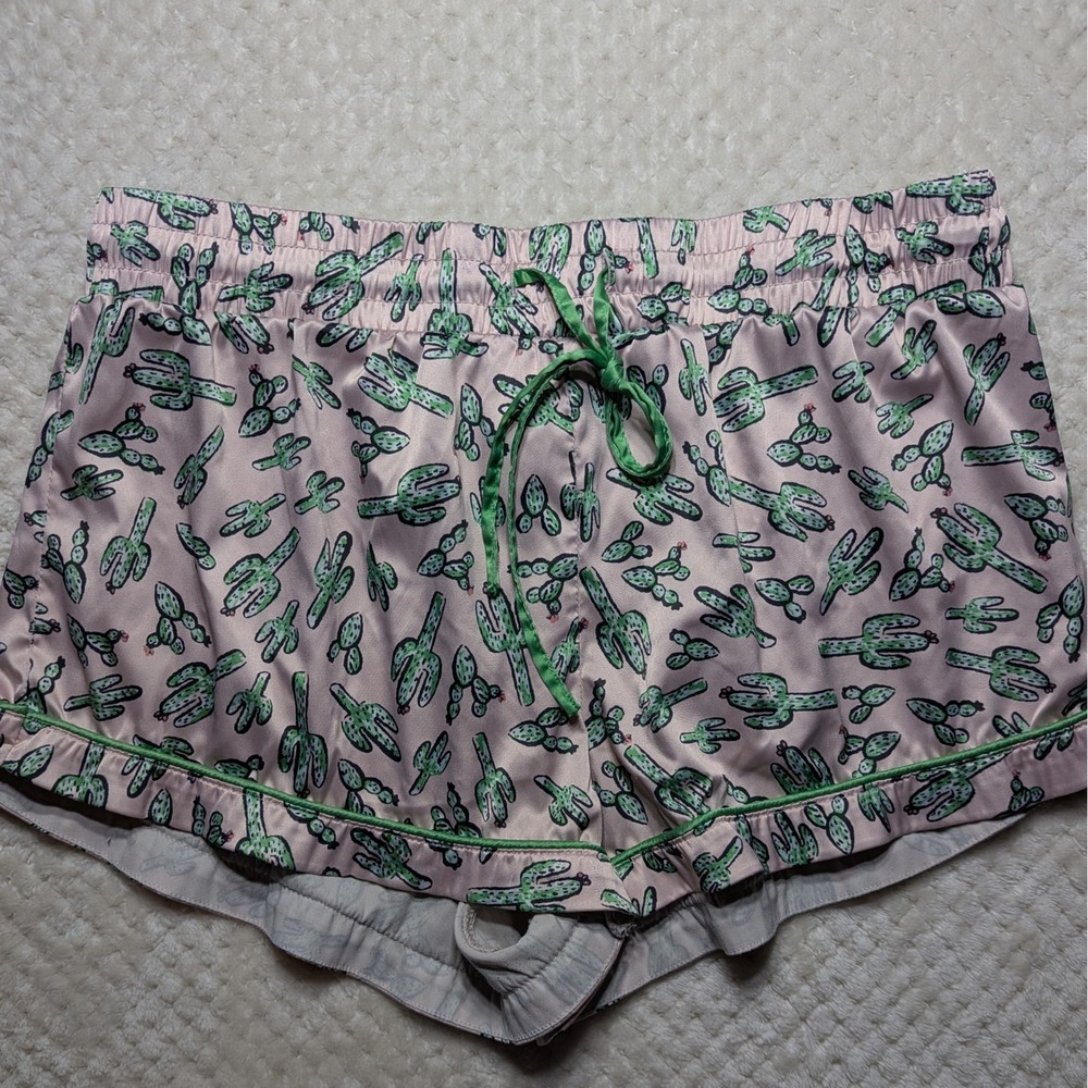 Garage Pink Cactus Print Satin Pajama Shorts Womens Large Green Drawstring